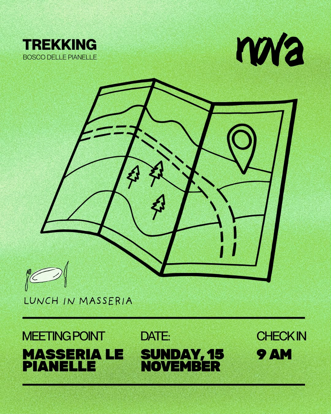 Locandina NOVA: trekking al Bosco delle Pianelle, domenica 15 novembre, ritrovo alla Masseria Le Pianelle e check-in alle 9:00.